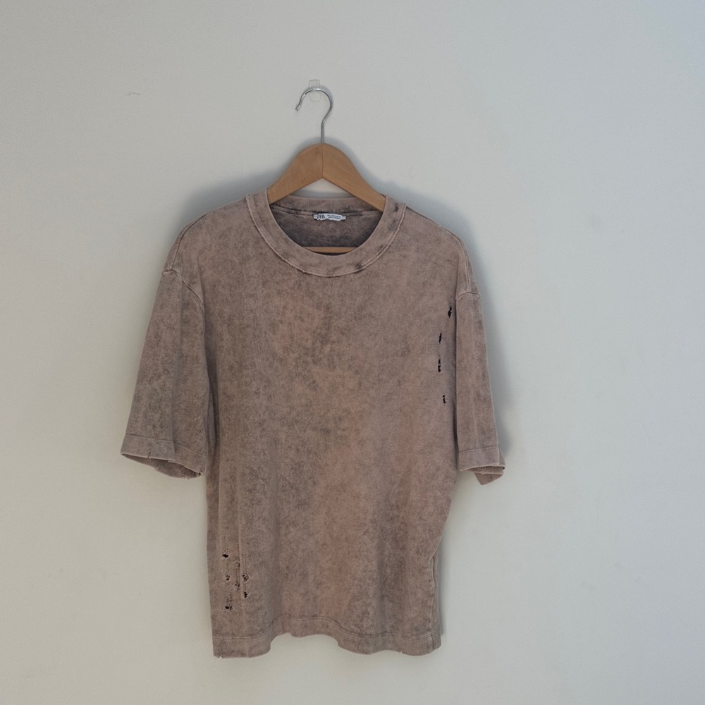 Zara Distressed Grunge T-Shirt Mocha Brown Intentional Holes Destroyed Look Teen